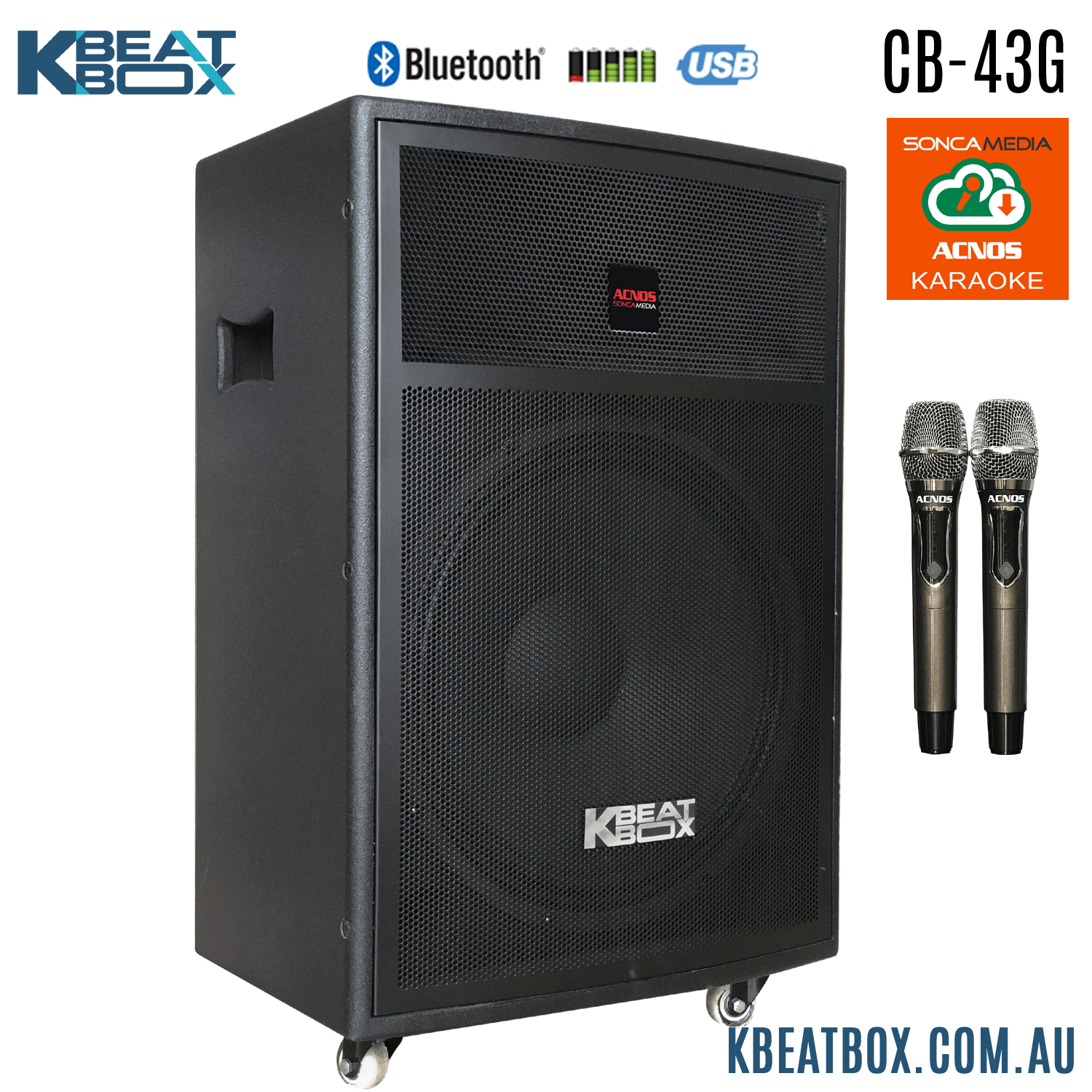 KBeatBox CB-43G [100W RMS / 450W PMPO] Karaoke Powered Speaker System + 2 Wireless Mic's + Karaoke Cloud App - Karaoke Home Entertainment