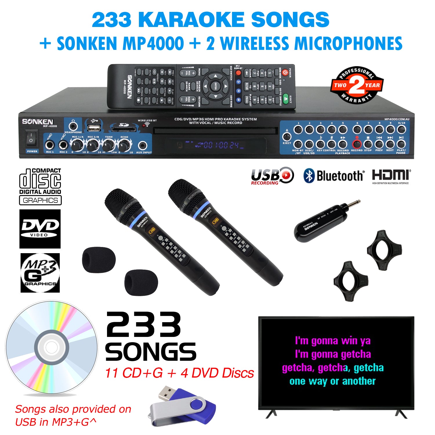Sonken MP4000 Pro Karaoke Machine + 233 Songs + 2 Wireless Microphones