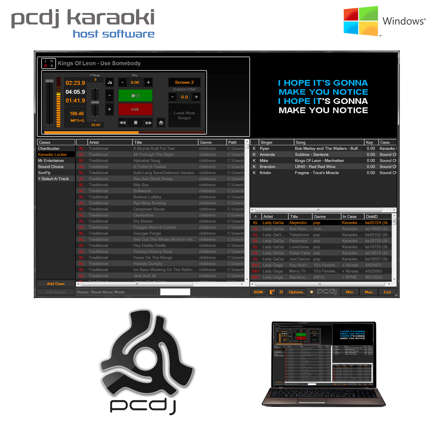 PCDJ Karaoki Hosting Software (Karaoke MP3+G Playback) Windows PC (14 Day Trial Version) - Karaoke Home Entertainment