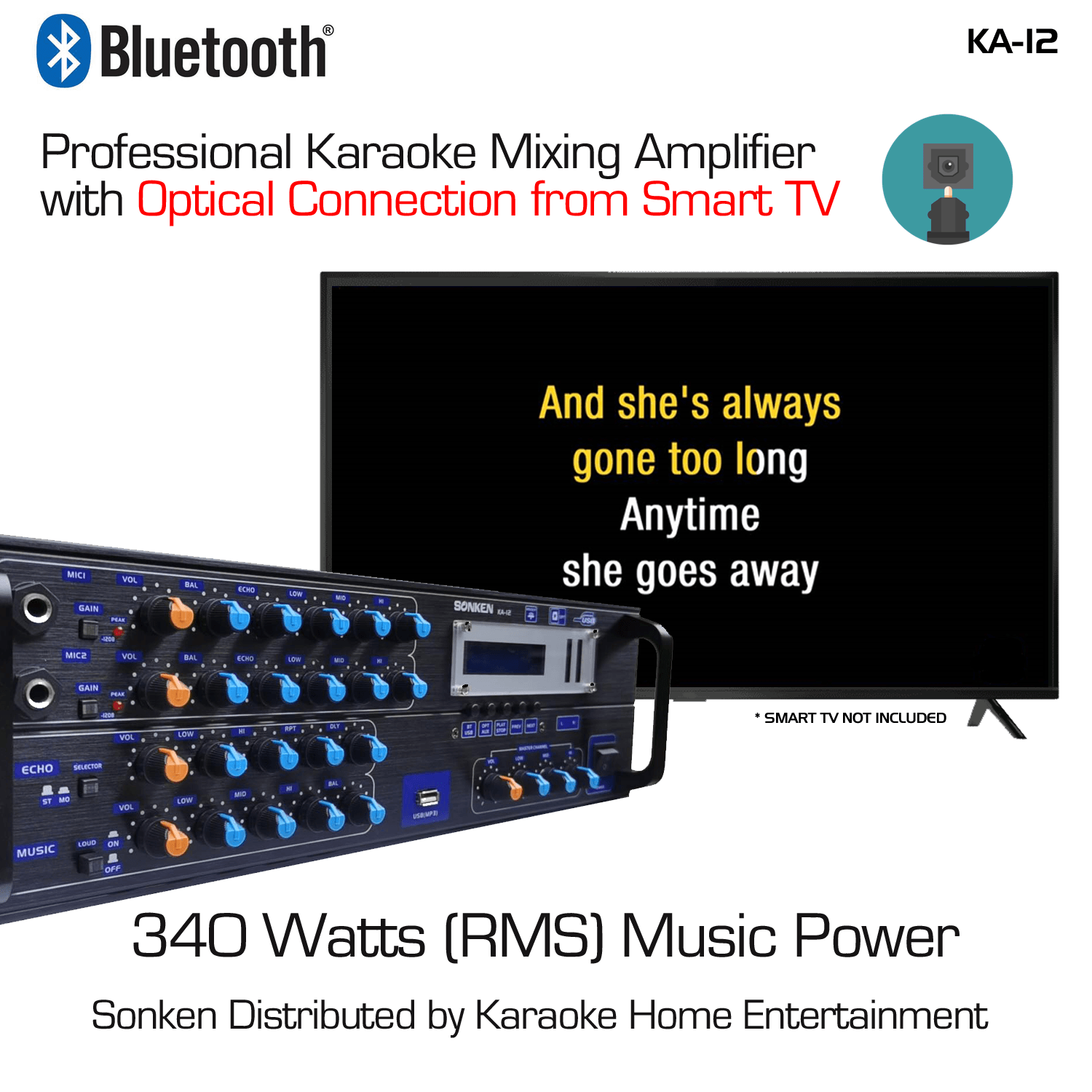 Sonken KA-12 Professional Series Karaoke Mixing Amplifier (340 Watts - RMS) + Smart TV Optical Input + Bluetooth - Karaoke Home Entertainment