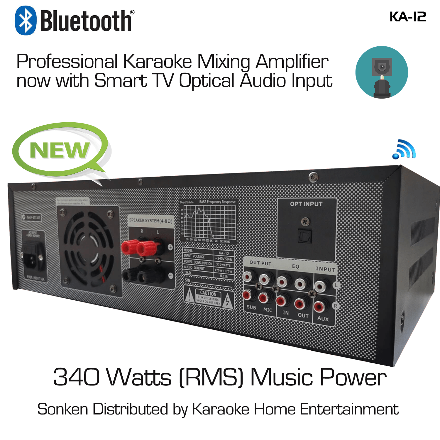 Sonken KA-12 Professional Series Karaoke Mixing Amplifier (340 Watts - RMS) + Smart TV Optical Input + Bluetooth - Karaoke Home Entertainment