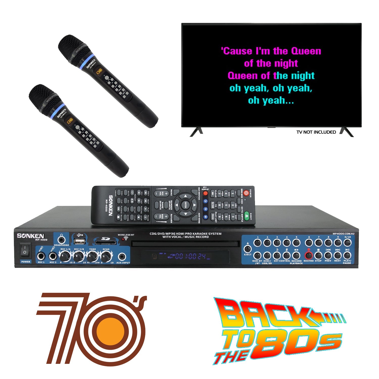 Sonken MP4000 Pro Karaoke Machine + 420 Songs from the 70's & 80's + 2 Wireless Microphones - Karaoke Home Entertainment