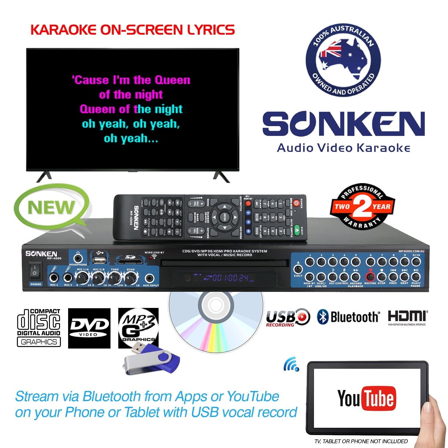 Sonken MP4000 Professional CD+G - DVD - MP3+G Karaoke Machine - Karaoke Home Entertainment
