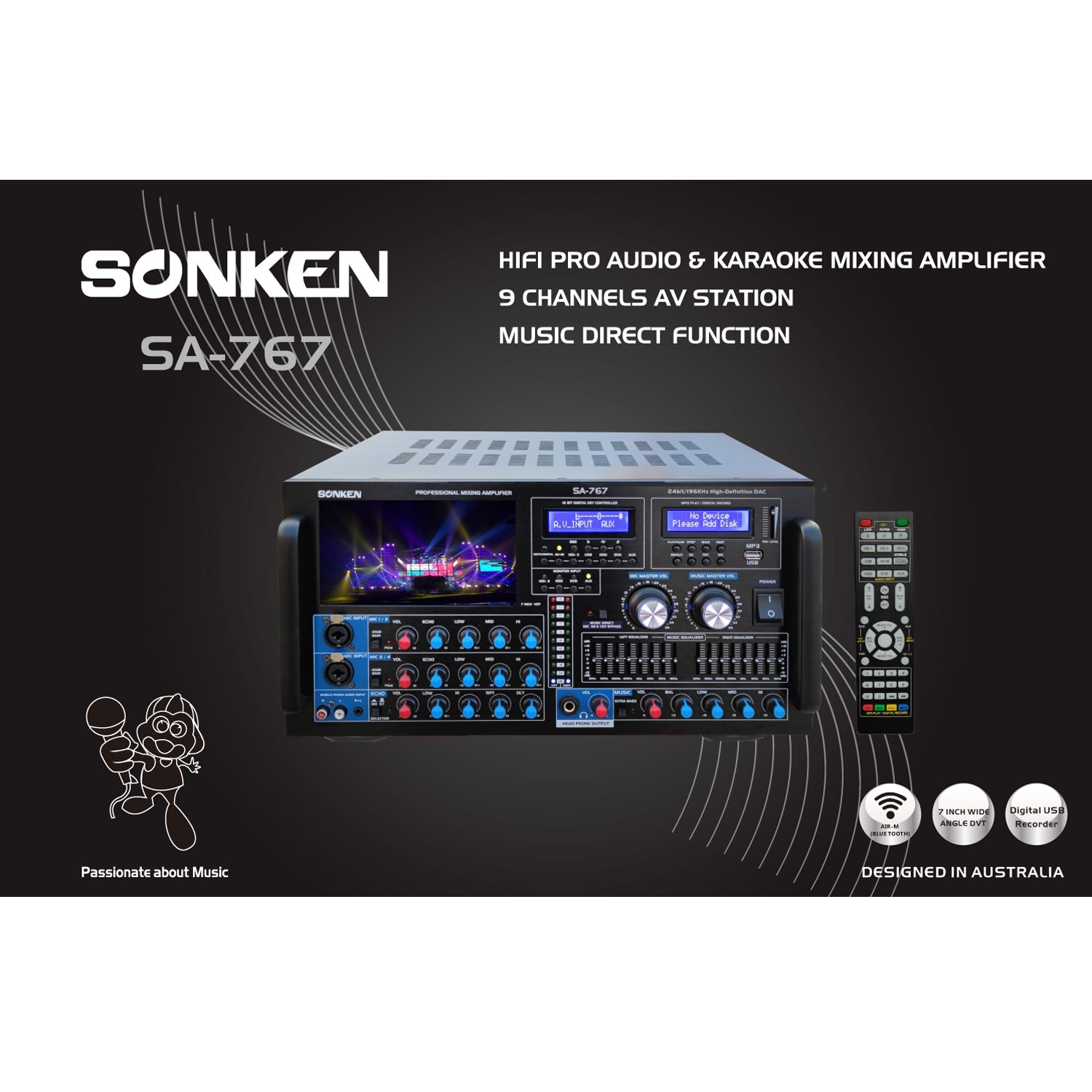 Sonken SA-767 Professional Series Karaoke Mixing Amplifier (1000 Watts - RMS) + USB Vocal + Music Record + Bluetooth - Karaoke Home Entertainment