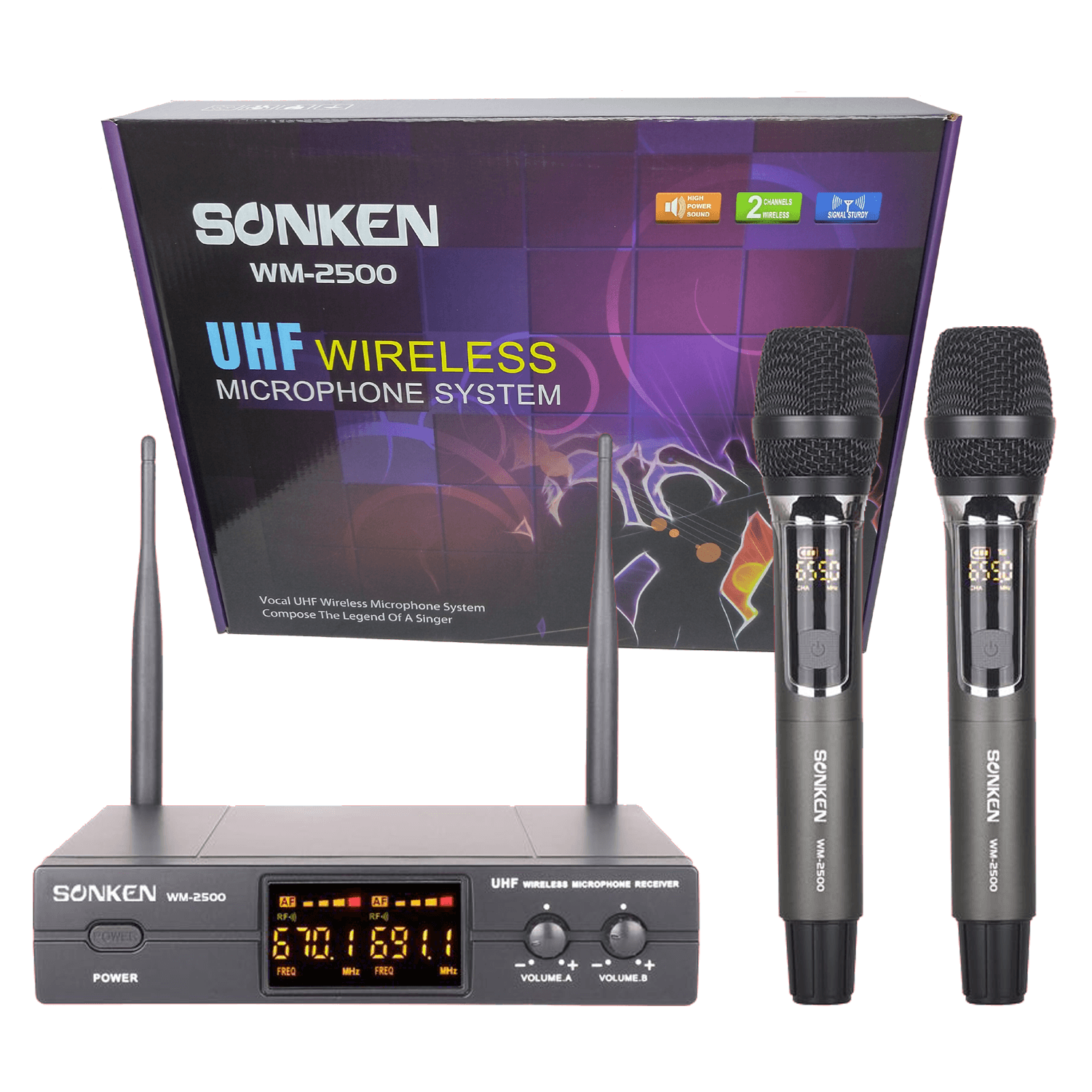 Sonken WM-2500 (Multi Channel) Pro UHF Wireless Microphones (2) and Receiver Unit - Karaoke Home Entertainment