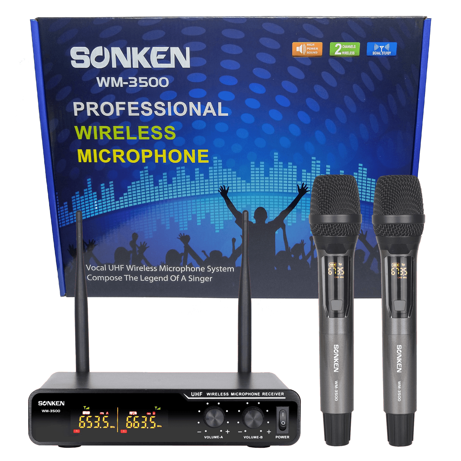 Sonken WM-3500 (Multi Channel) Pro UHF Wireless Microphones (2) and Receiver Unit - Karaoke Home Entertainment