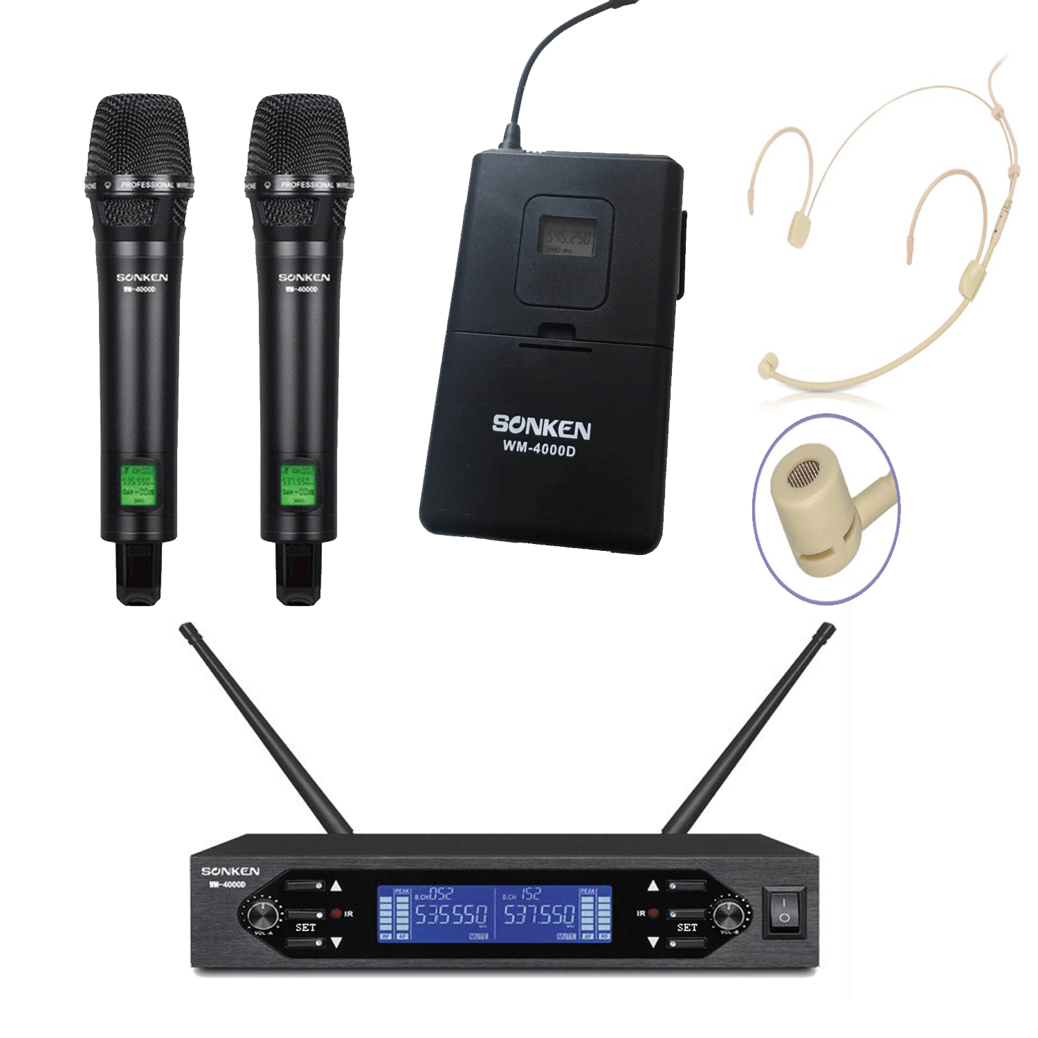 Sonken WM-4000D + Body Pack Headset - PRO 200 Channel UHF Wireless Microphones (2) + Body Pack & Headset Microphone - Karaoke Home Entertainment