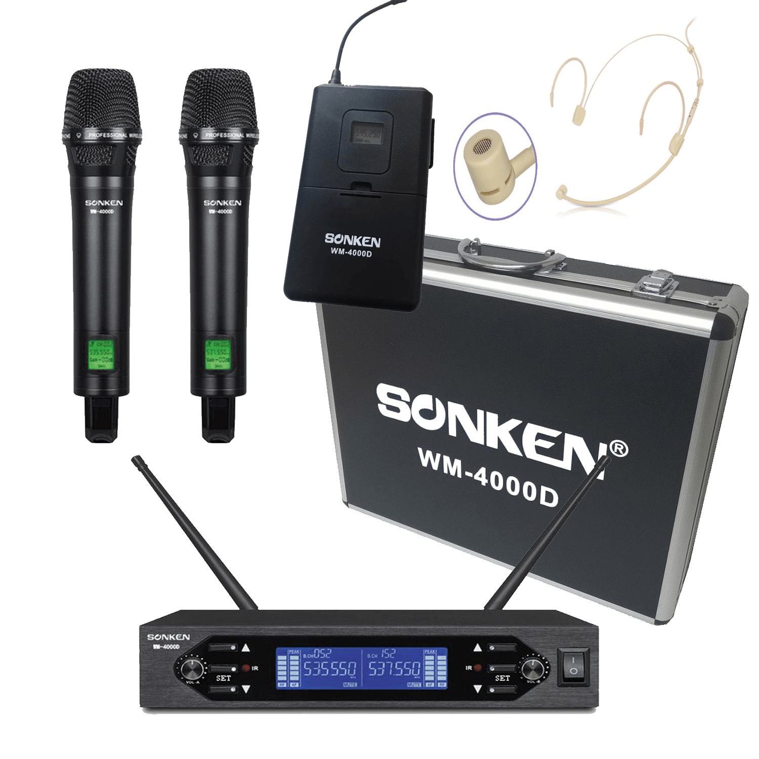 Sonken WM-4000D + Body Pack Headset - PRO 200 Channel UHF Wireless Microphones (2) + Body Pack & Headset Microphone + Case - Karaoke Home Entertainment