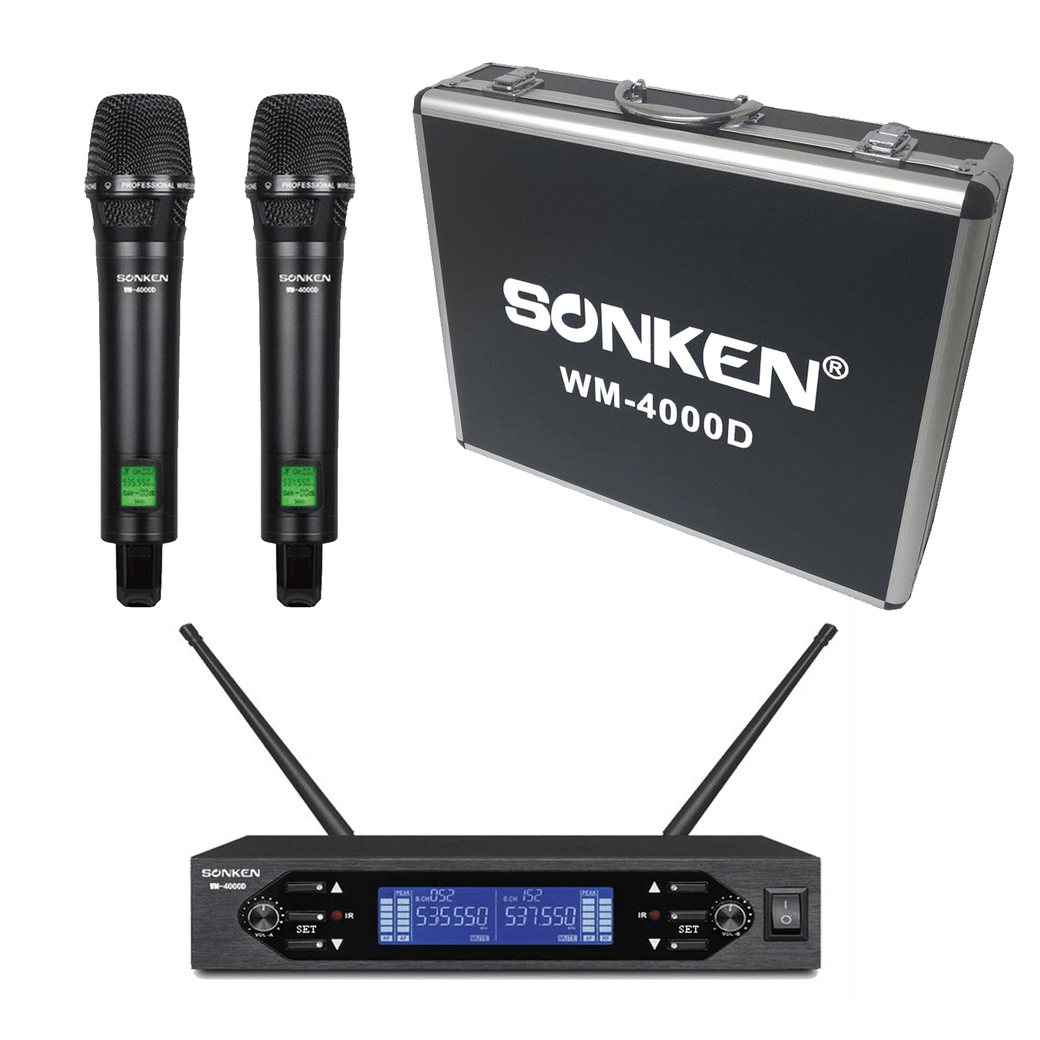 Sonken WM-4000D - PRO 200 Channel UHF Wireless Microphones (2) and Receiver Unit + Case - Karaoke Home Entertainment