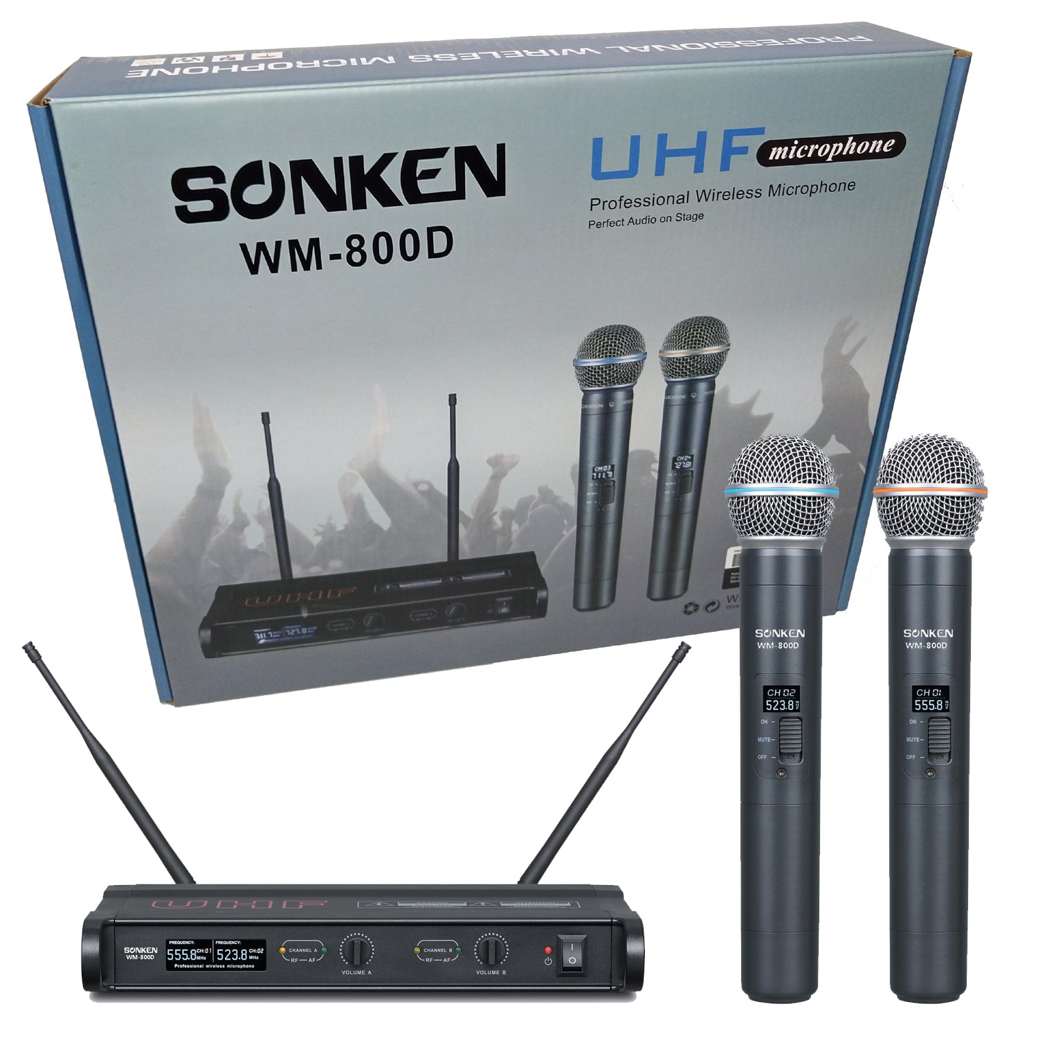 Sonken WM-800D Pro UHF Wireless Microphones (2) and (2) Body Packs + Headsets with Receiver Unit - Karaoke Home Entertainment