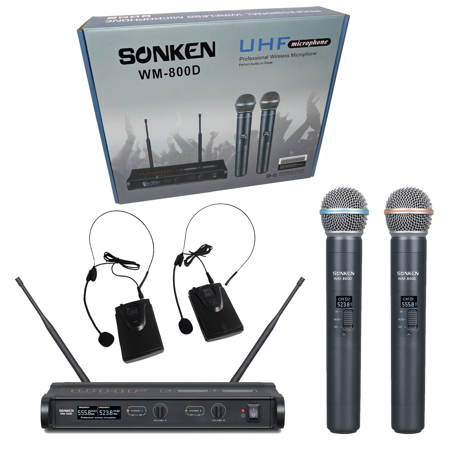 Sonken WM-800D Pro UHF Wireless Microphones (2) and (2) Body Packs + Headsets with Receiver Unit - Karaoke Home Entertainment