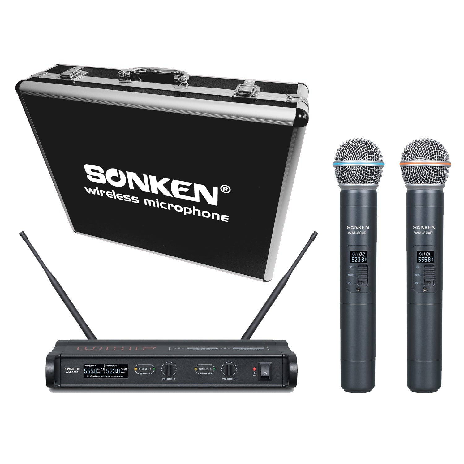 Sonken WM-800D Pro UHF Wireless Microphones (2) and Receiver Unit with Carry Case - Karaoke Home Entertainment