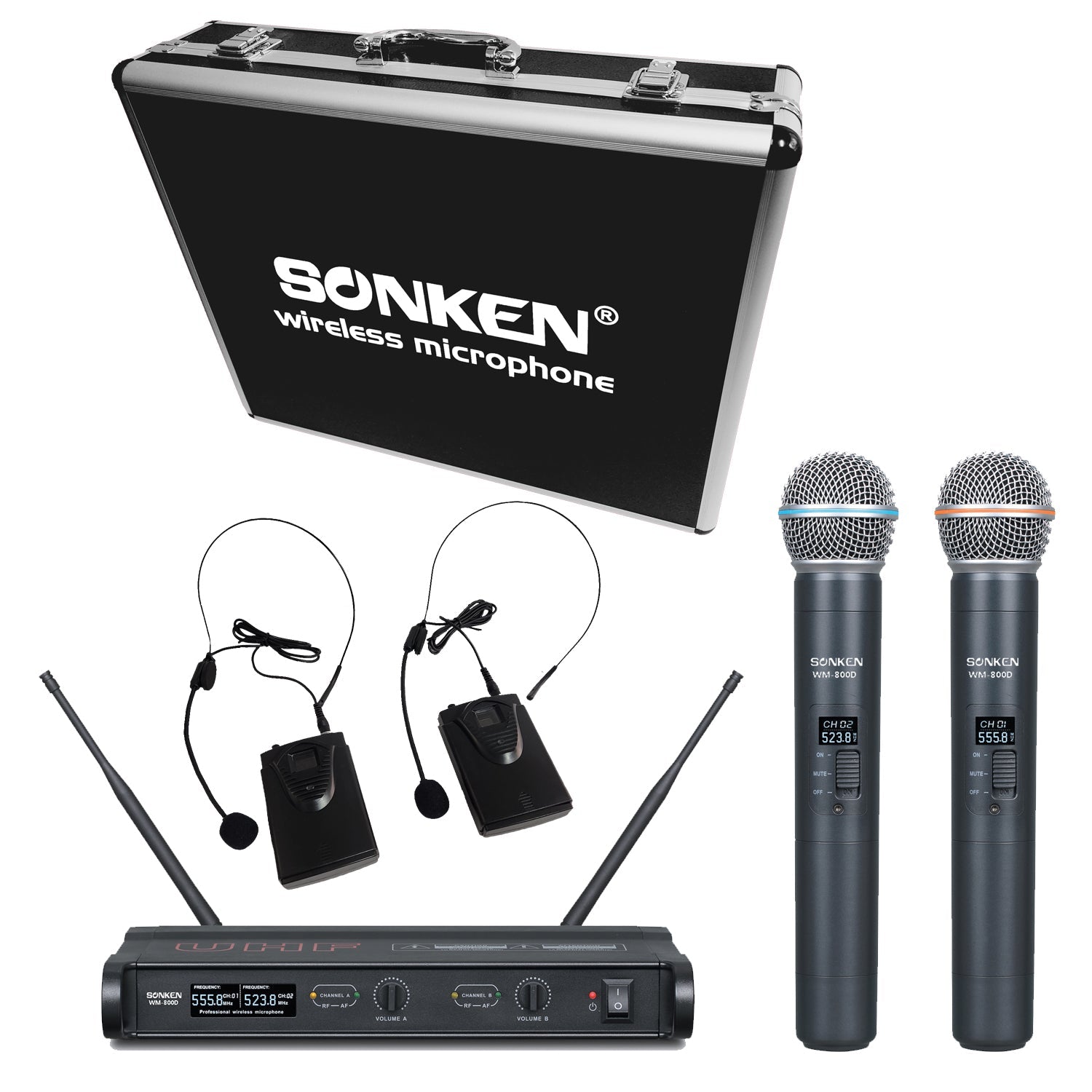 Sonken WM-800D (with Case) Pro UHF Wireless Microphones (2) and (2) Body Packs + Headsets with Receiver Unit - Karaoke Home Entertainment